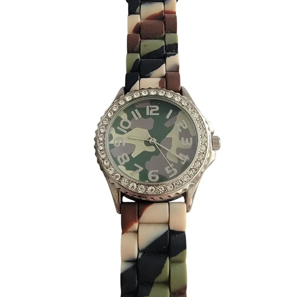 Geneva Womens Watch Green Dial 34mm Silver Case Multicolor Silicone Band